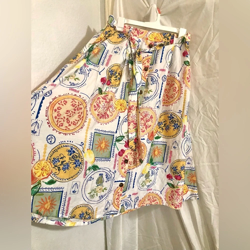 Fruit Celestial multi print boho‎ self tie waist buttoned  skirt size large new